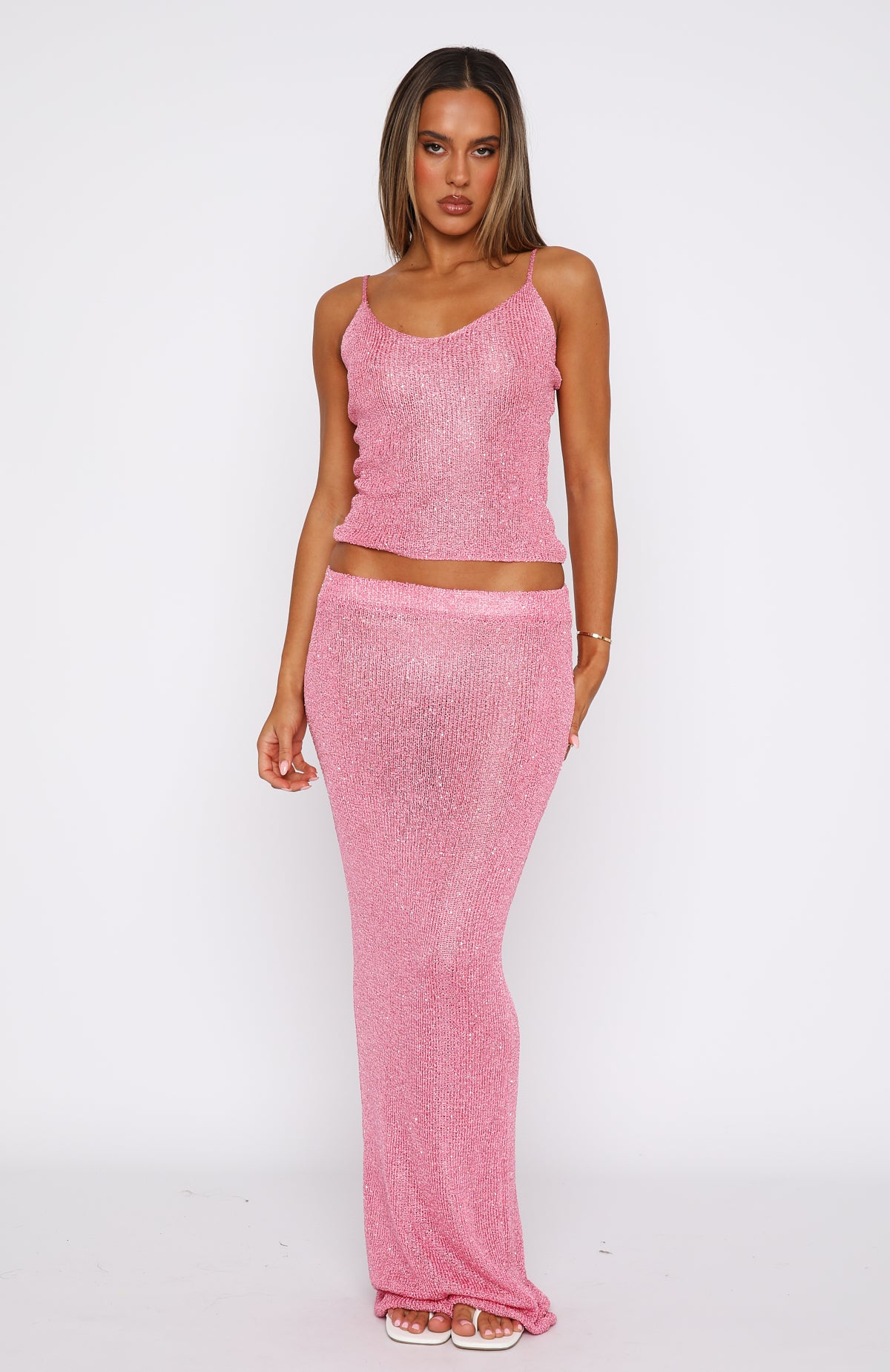 Star Shining Sequin Knit Maxi Skirt Bubblegum - Image 2