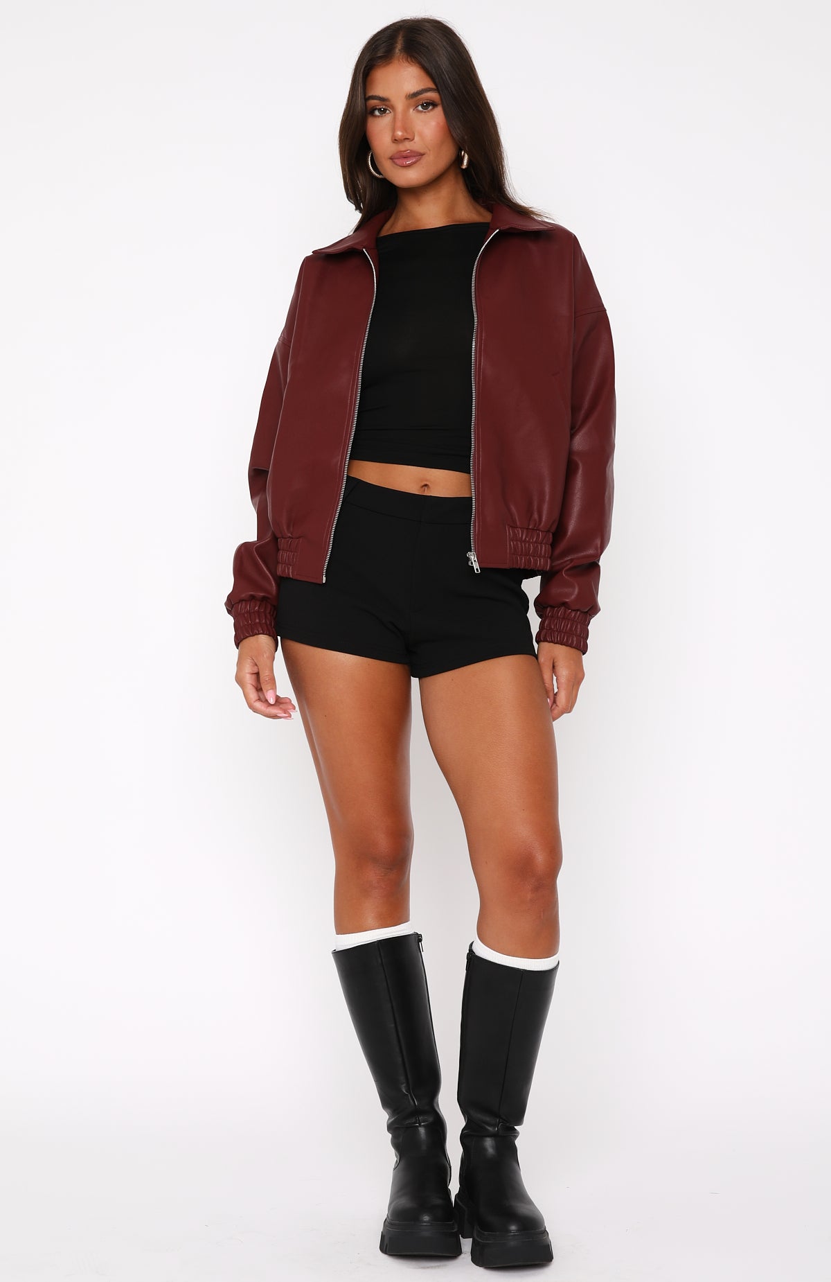 Might Cause Trouble PU Bomber Jacket Burgundy - Image 5