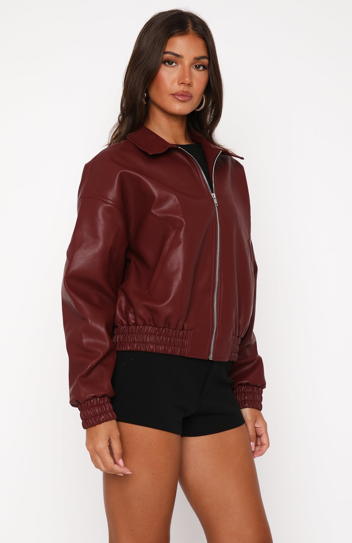 Might Cause Trouble PU Bomber Jacket Burgundy - Image 3