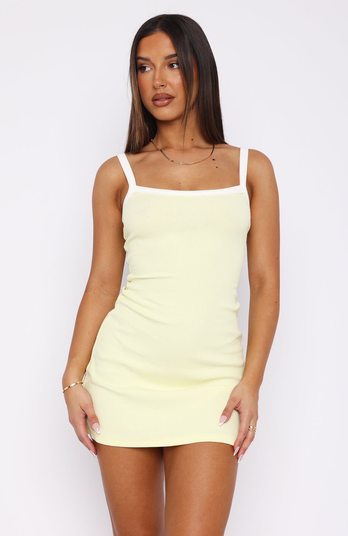 In This Moment Ribbed Mini Dress Lemon/White - Image 2