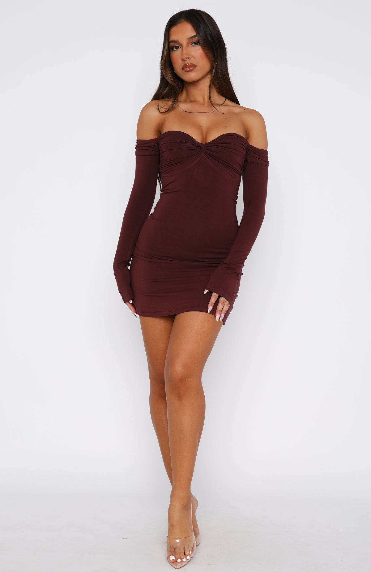 Running Out Of Time Off Shoulder Long Sleeve Mini Dress Chocolate - Image 5