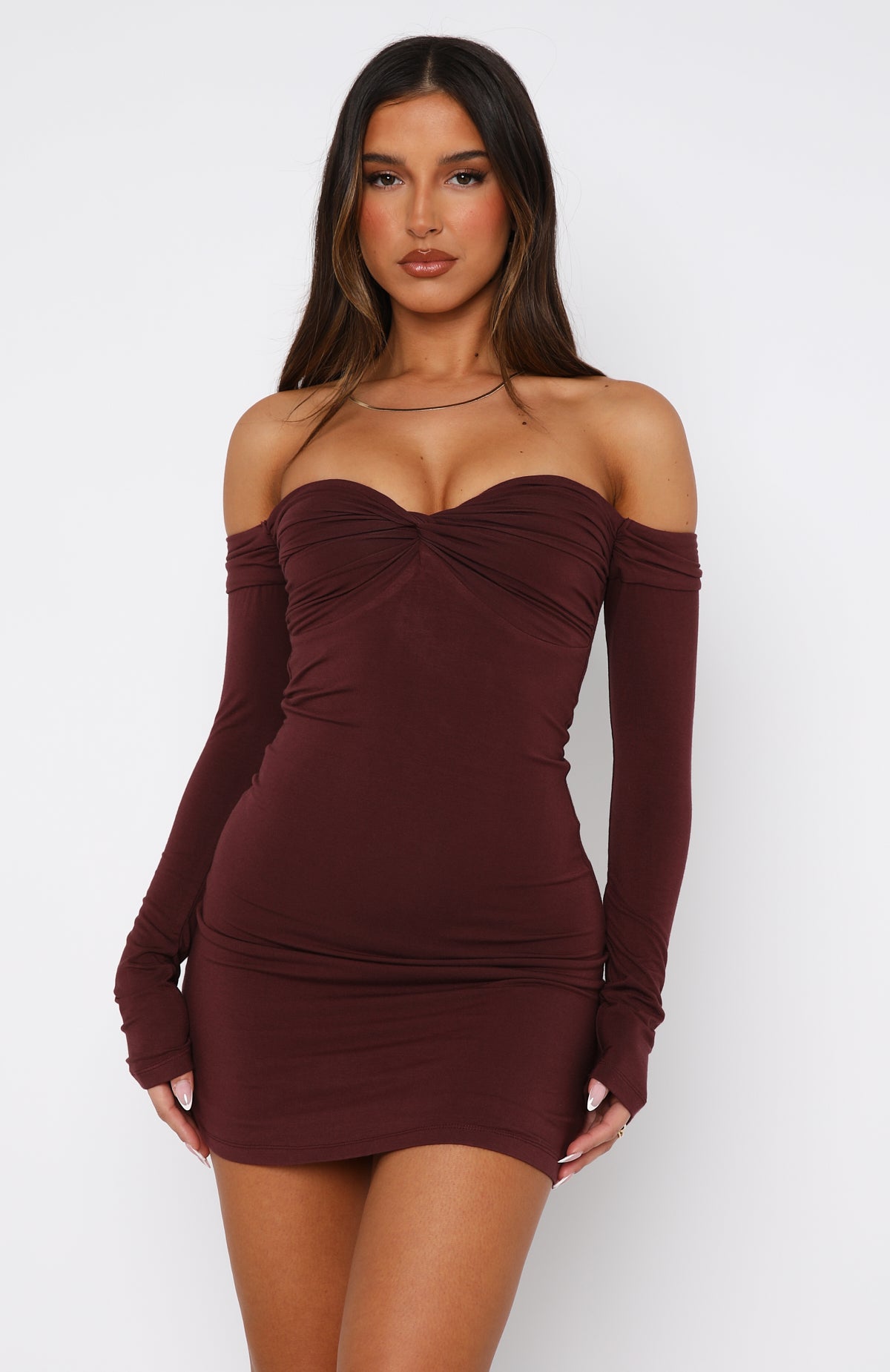 Running Out Of Time Off Shoulder Long Sleeve Mini Dress Chocolate - Image 2