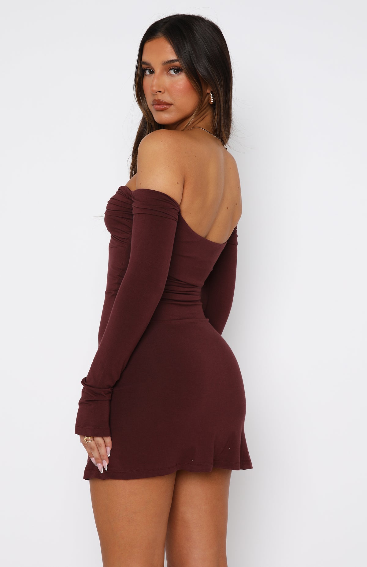 Running Out Of Time Off Shoulder Long Sleeve Mini Dress Chocolate - Image 4