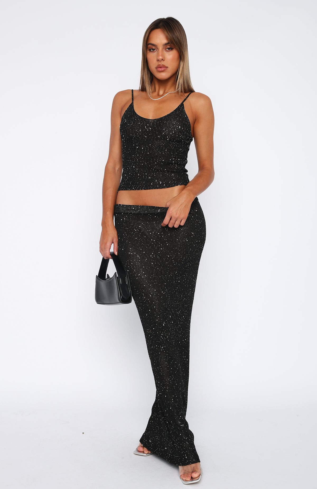 Star Shining Sequin Knit Maxi Skirt Black - Image 2