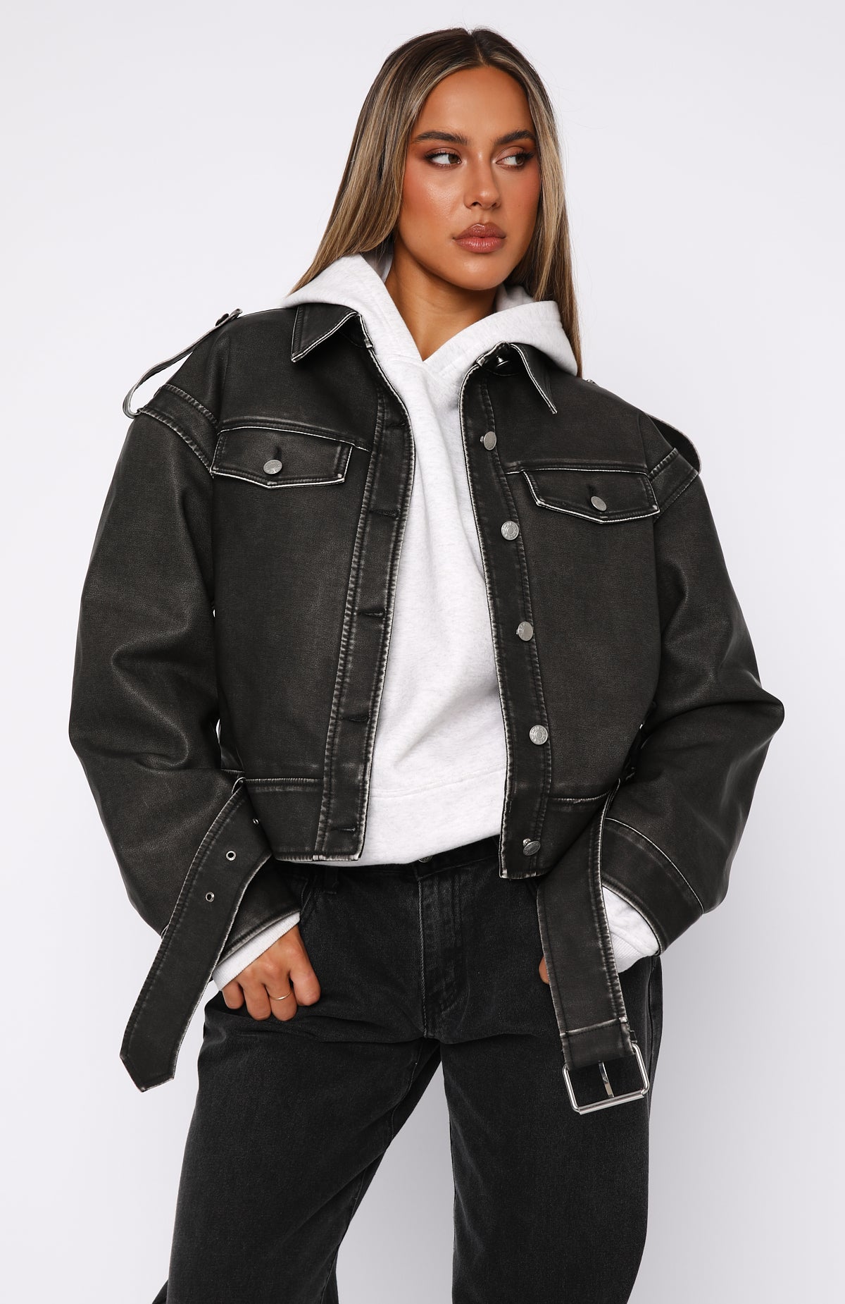 In This World PU Biker Jacket Charcoal Wash - Image 5