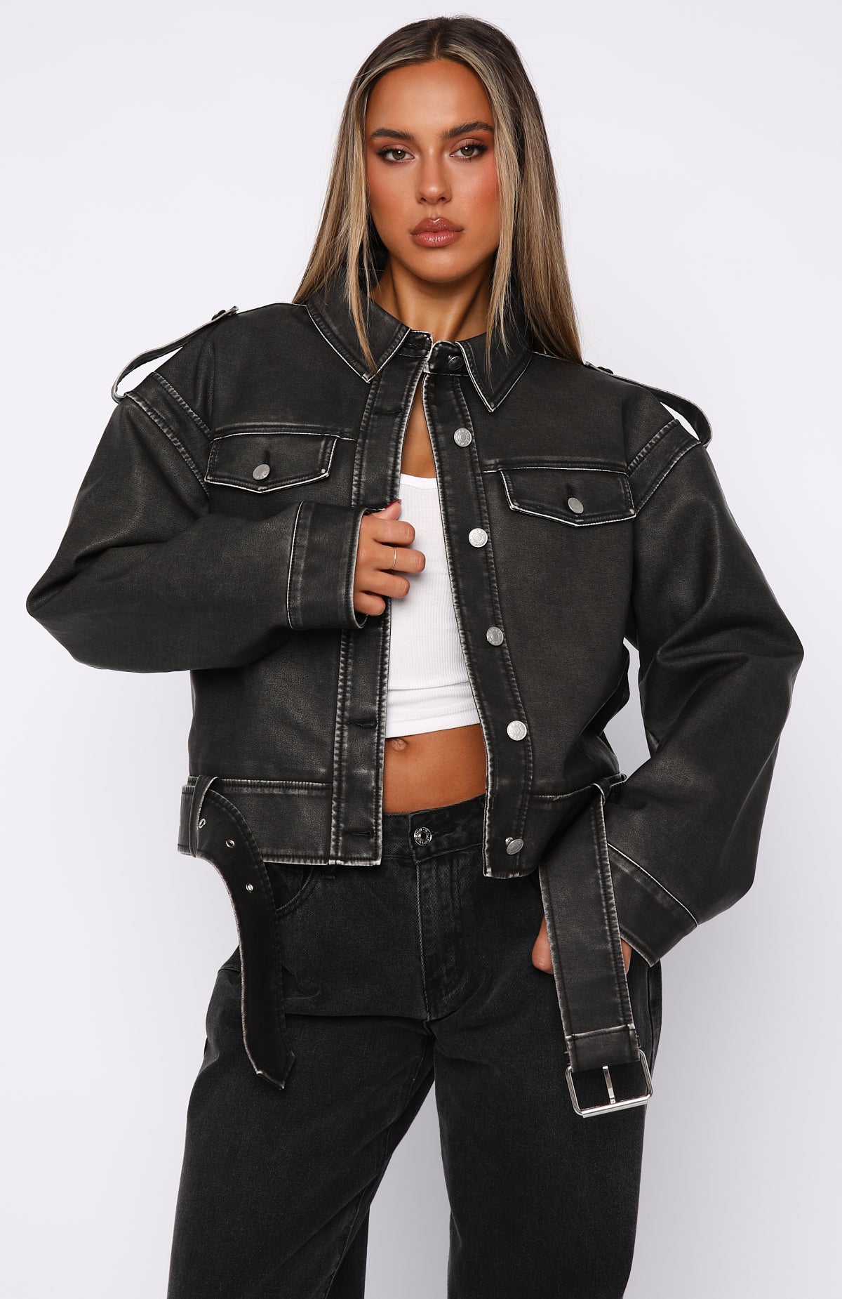 In This World PU Biker Jacket Charcoal Wash - Image 2