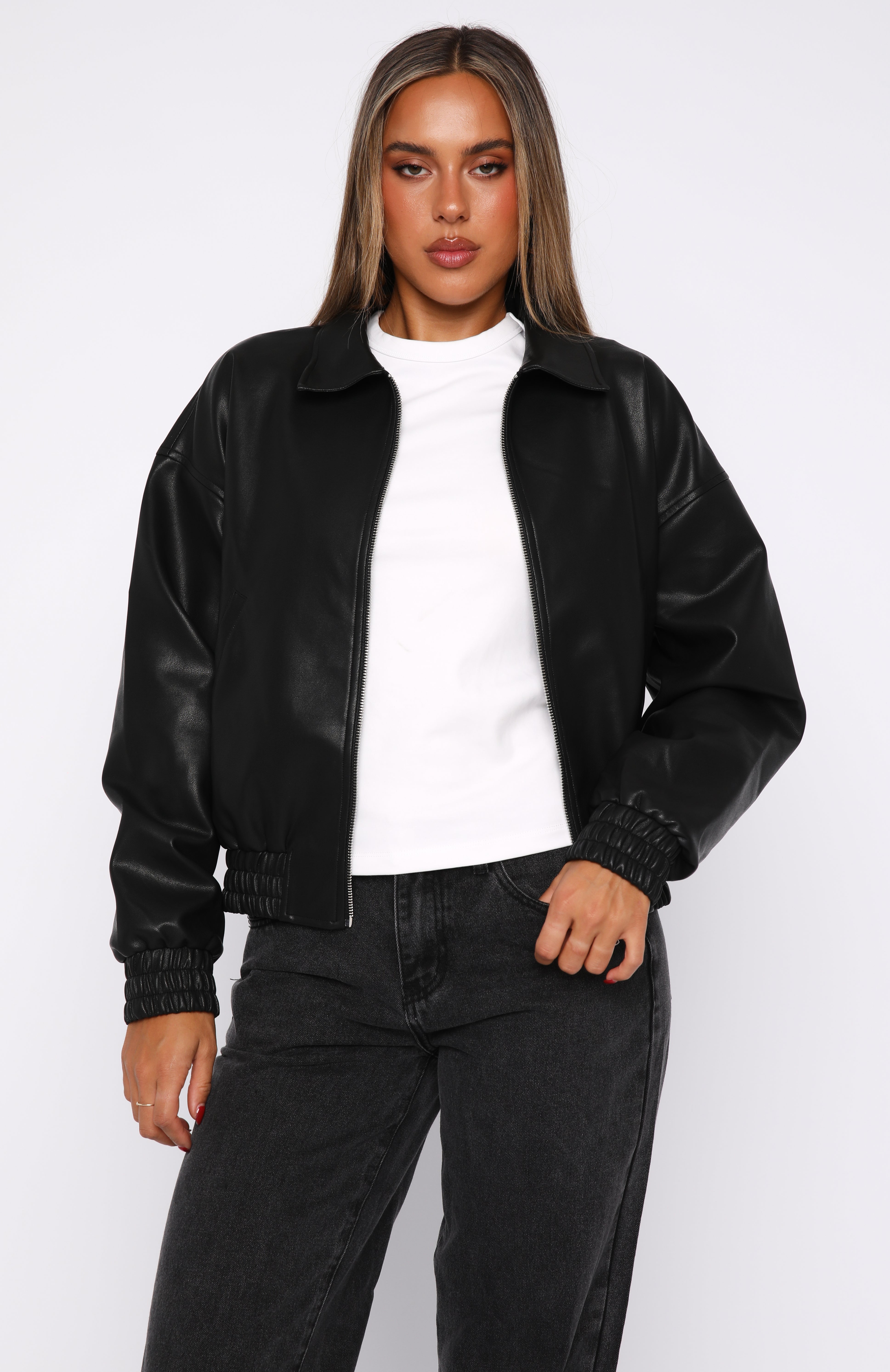 Might Cause Trouble PU Bomber Jacket Black - Image 2