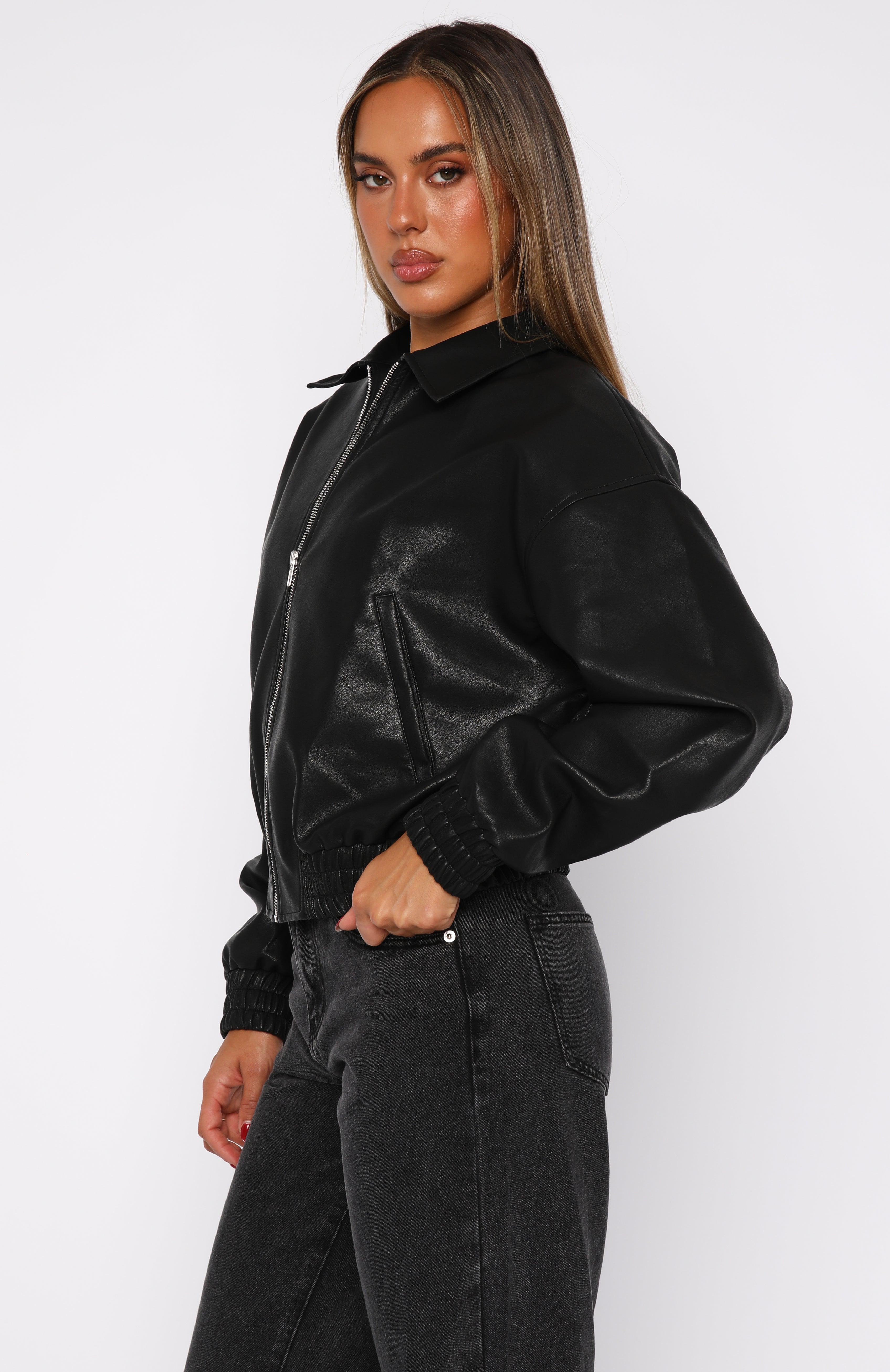 Might Cause Trouble PU Bomber Jacket Black - Image 3