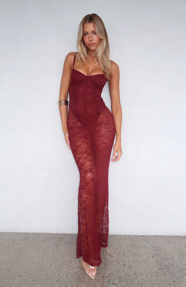 In The Atmosphere Lace Dress Wine - Image 5