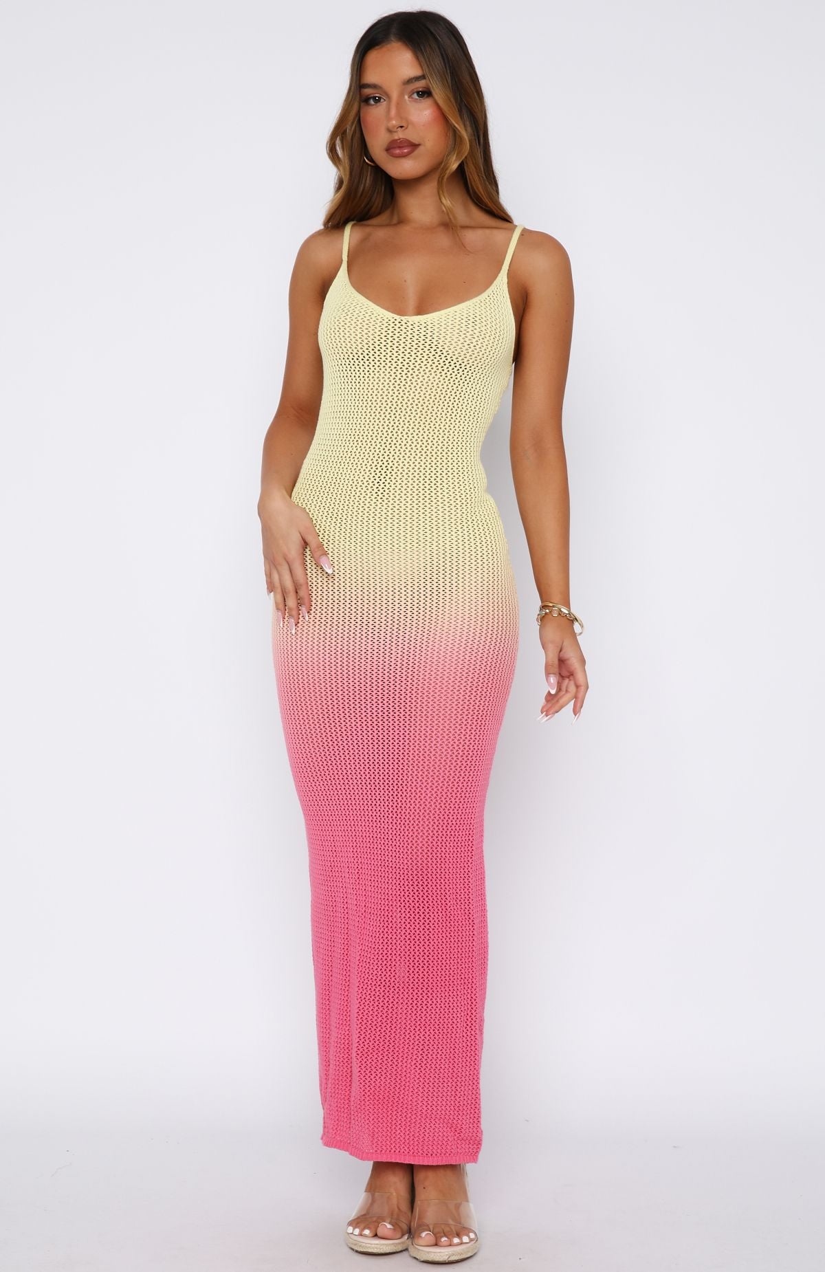 Sunshine Soul Crochet Maxi Dress Lemon/Pink Ombre - Image 2