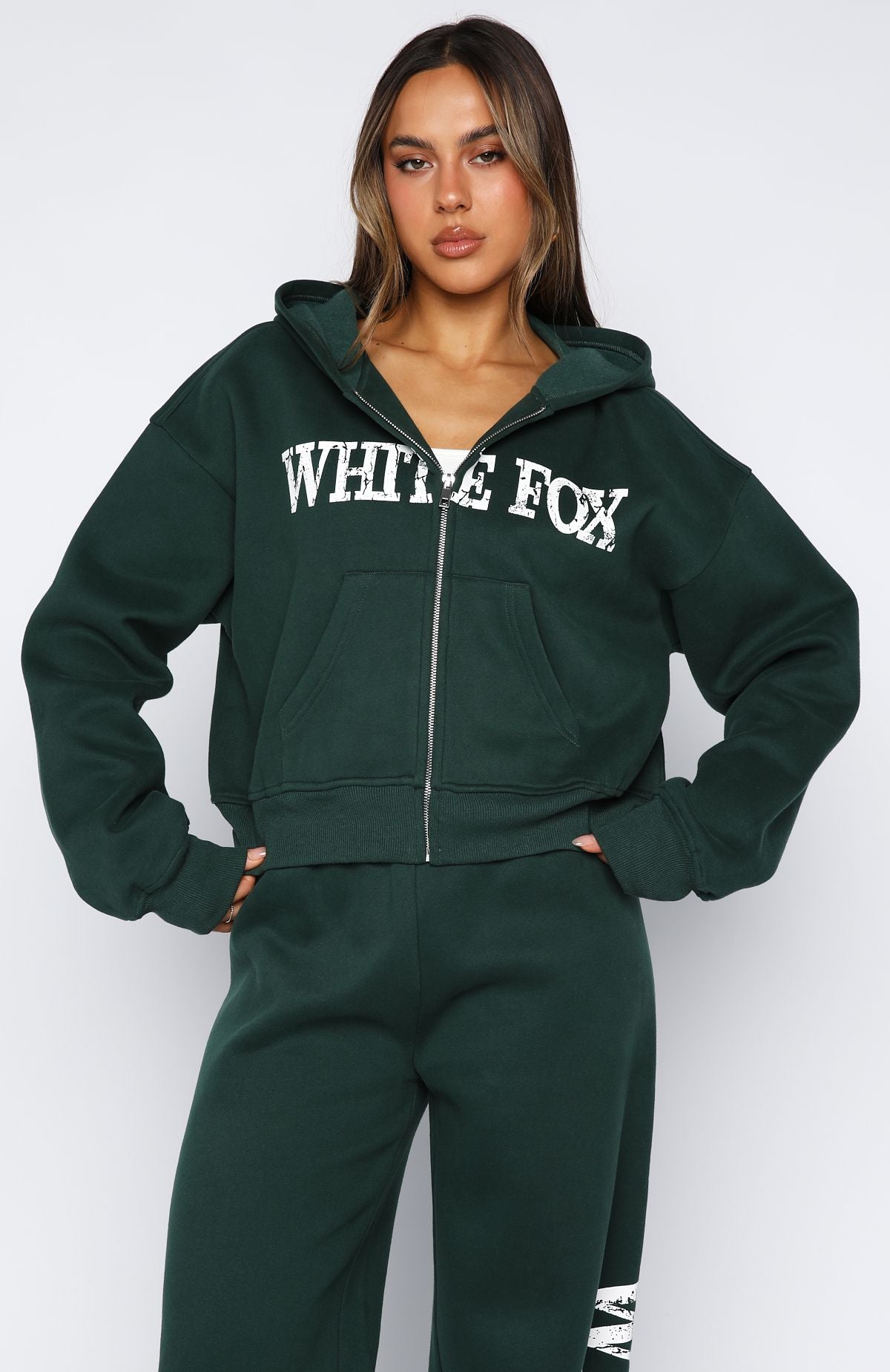 Brand New Start Boxy Zip Front Hoodie Forest Green - Image 2