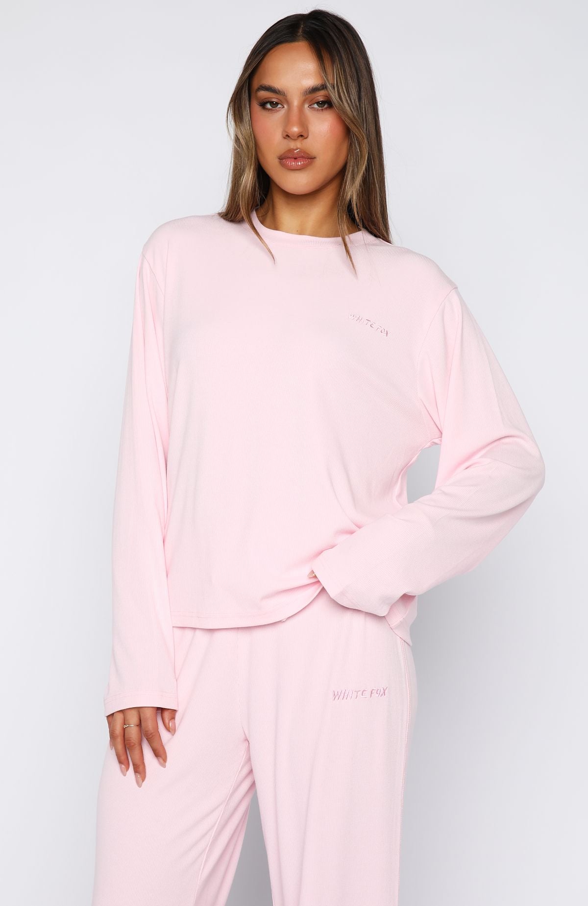 Come A Long Way Soft Lounge Relaxed Long Sleeve Ribbed Tee Pink - Image 2