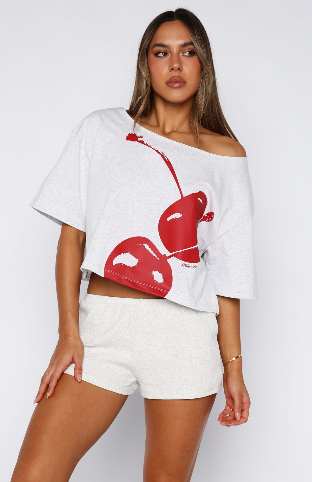 Just In Time Off Shoulder Cropped Tee Grey Marle - Image 2