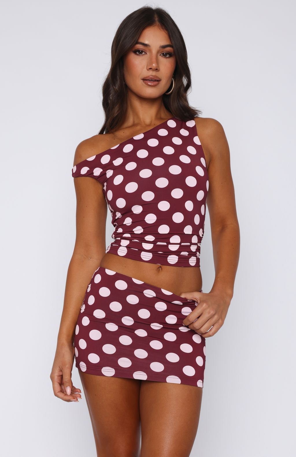 Late Nights Mini Skirt Burgundy Polka Dot - Image 2