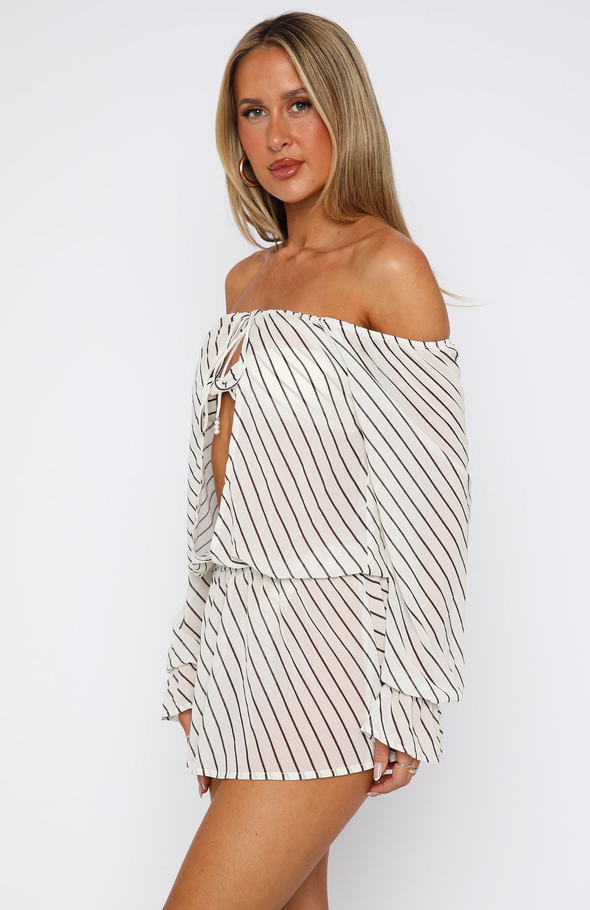 Back To Shore Long Sleeve Mini Dress Cream/Choc Stripe - Image 4