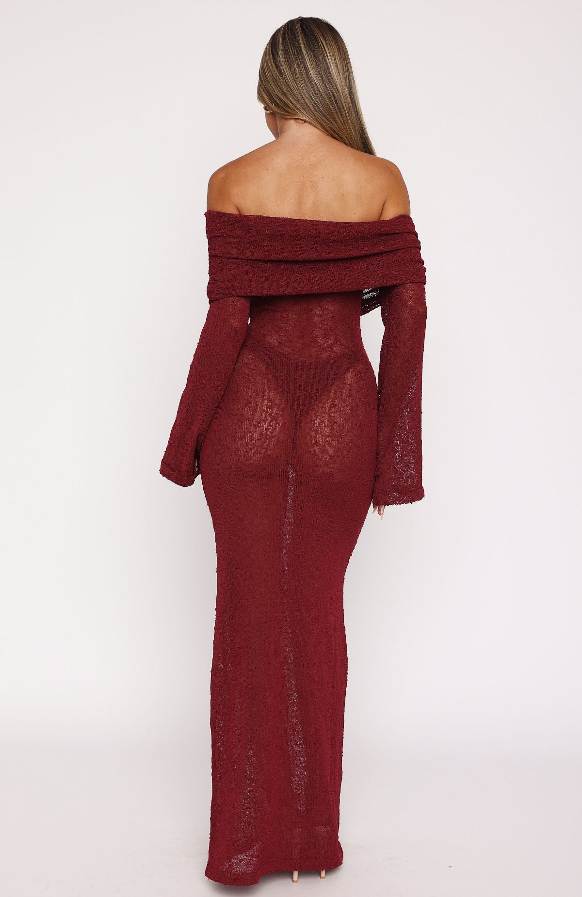 Made It Out Long Sleeve Boucle Maxi Dress Burgundy - Image 4