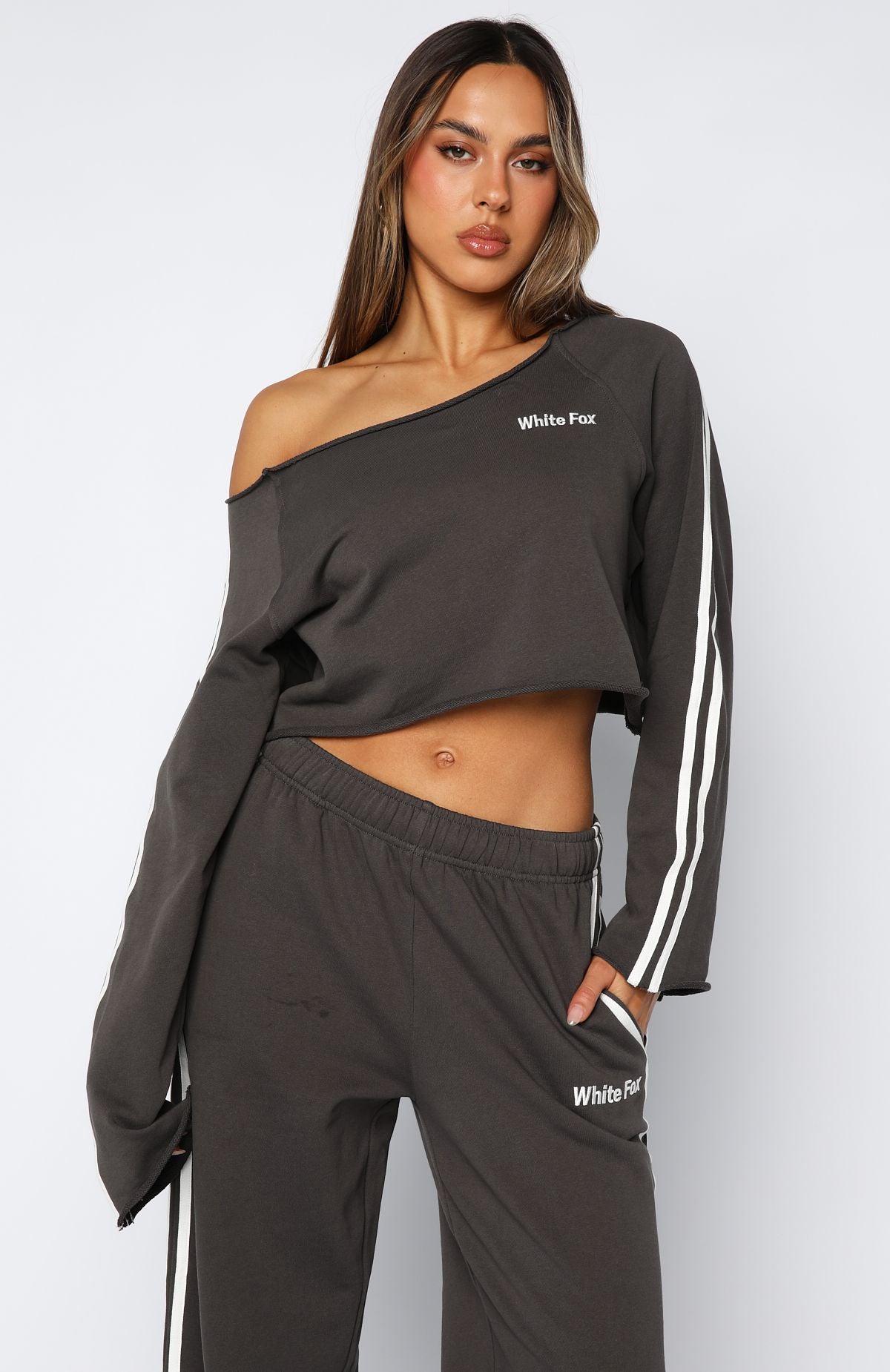 Star Student Cropped Off Shoulder Sweater Charcoal - Image 2