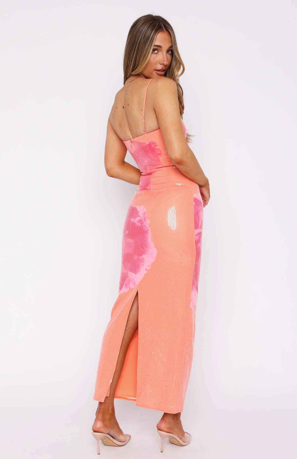 Telling Me Lies Sequin Maxi Dress Tangerine Blossom - Image 4