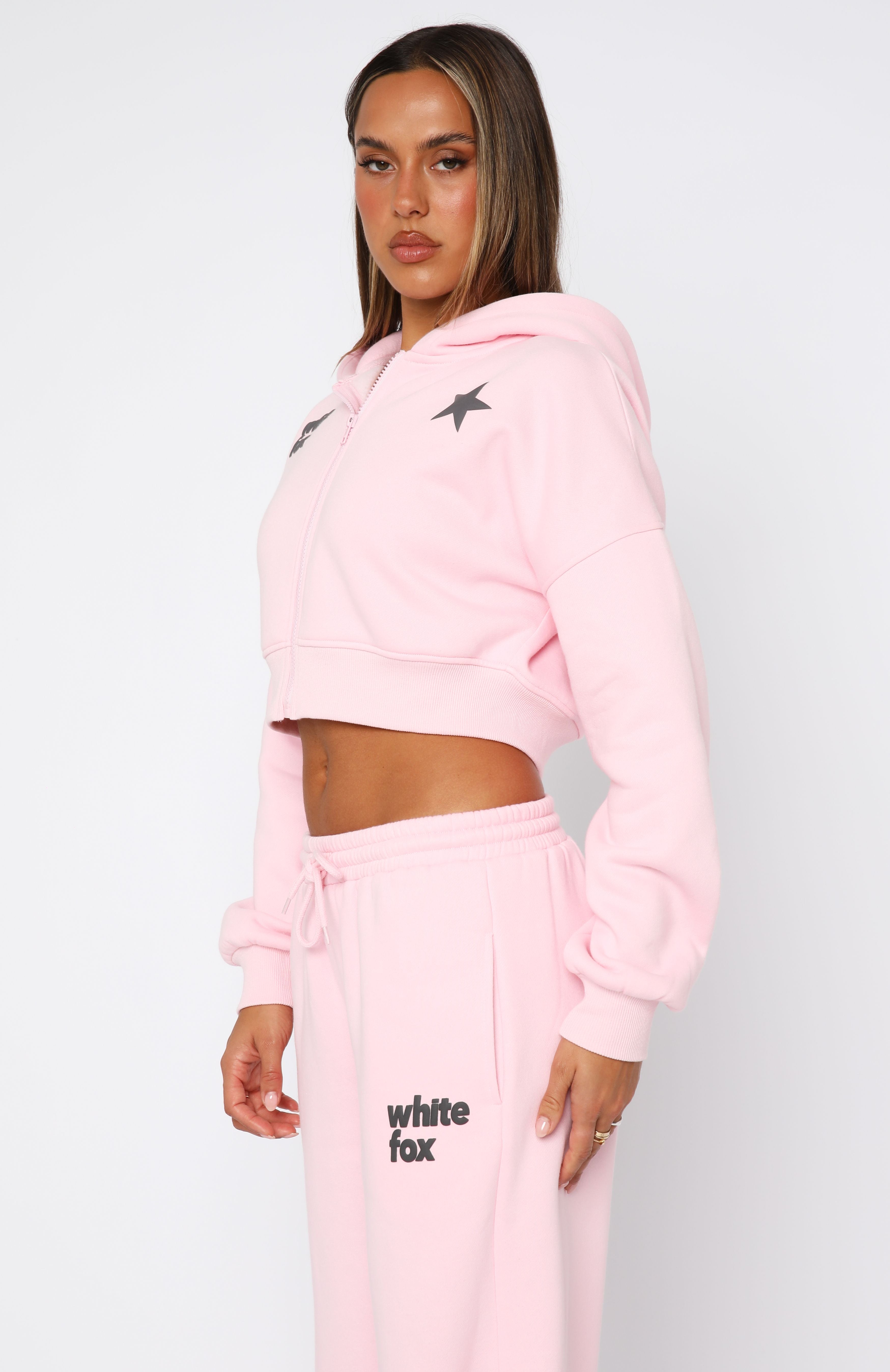 From The Archives Charli Cropped Zip Front Hoodie Pink - Image 4