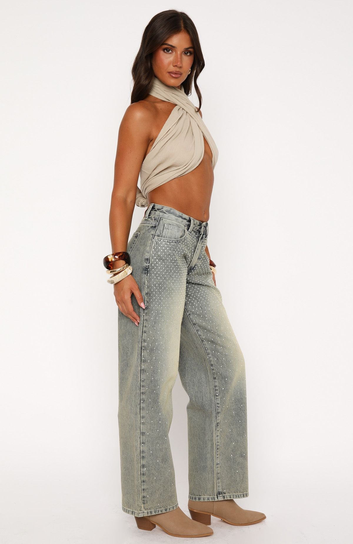 Luna Low Rise Wide Leg Jeans Sand - Image 3