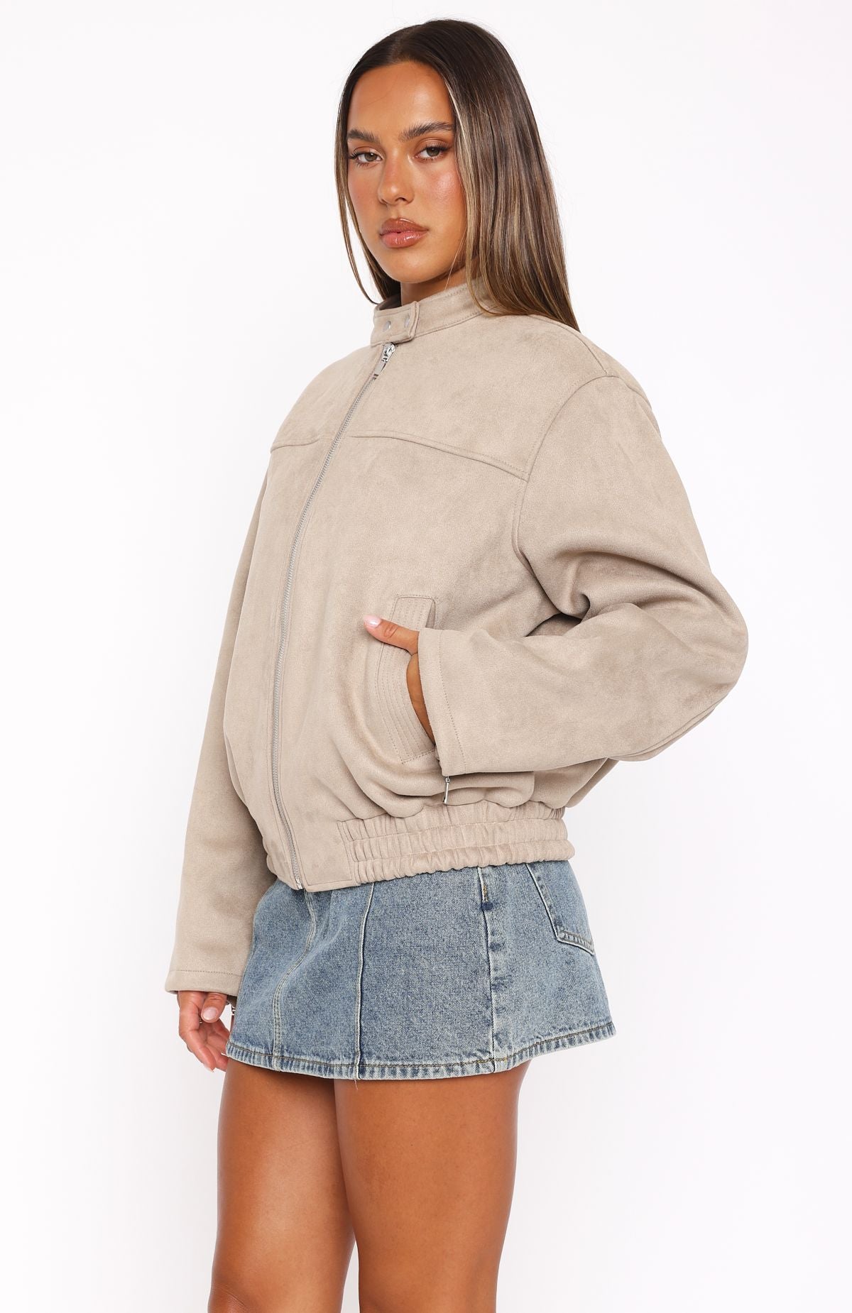 Watchin' Out Faux Suede Bomber Jacket Sand - Image 3