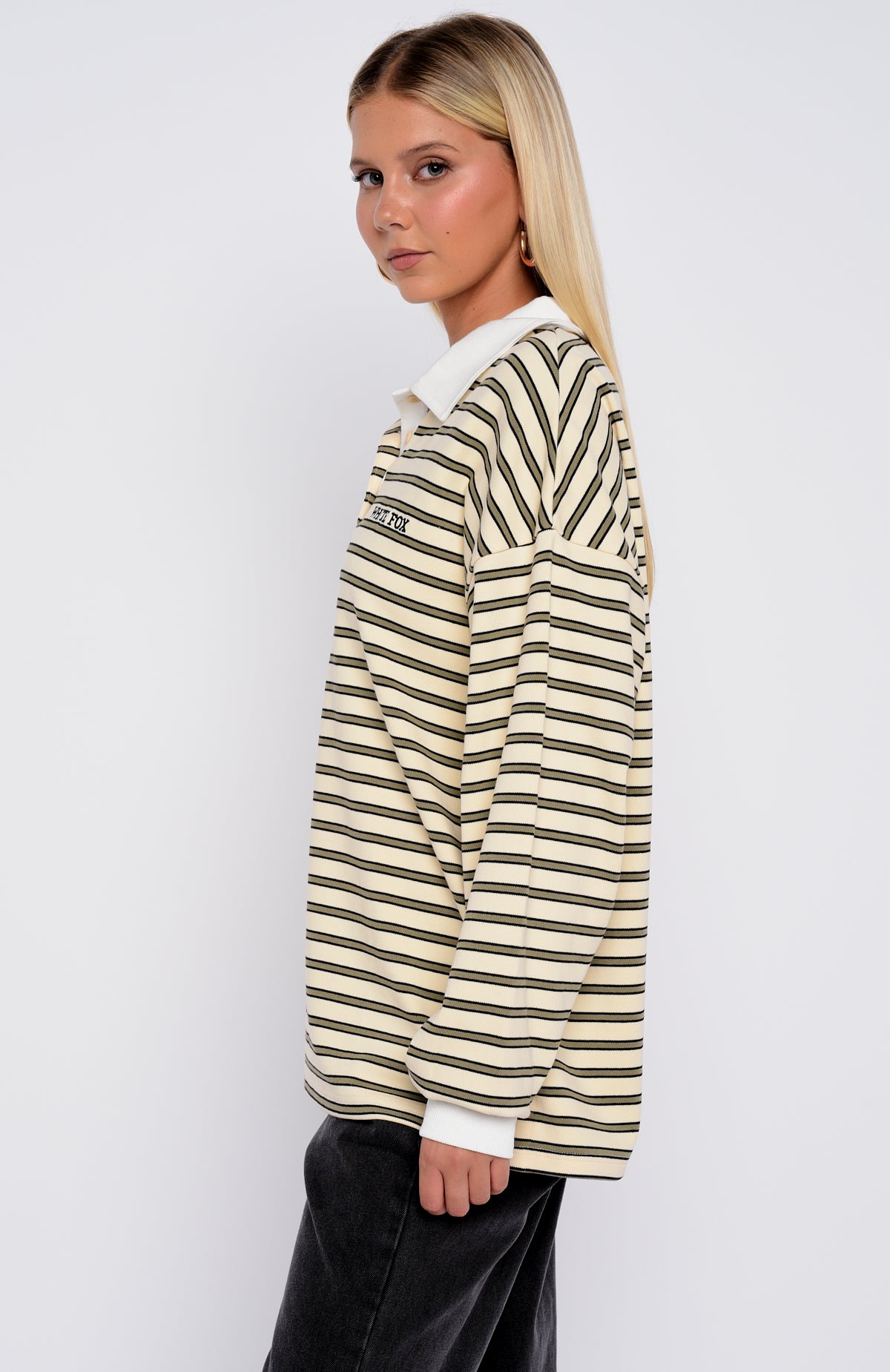Out Again Long Sleeve Rugby Shirt Cream/Olive Stripe - Image 3