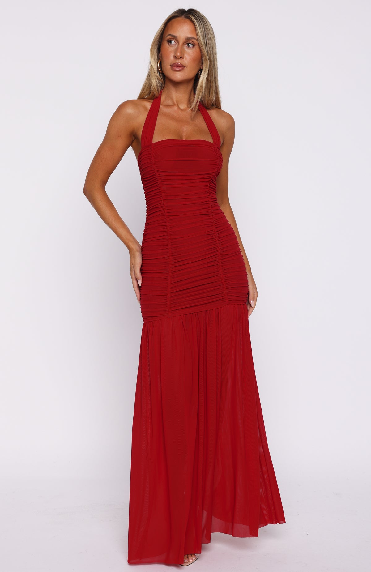 Unbothered Always Halter Maxi Dress Deep Red - Image 2