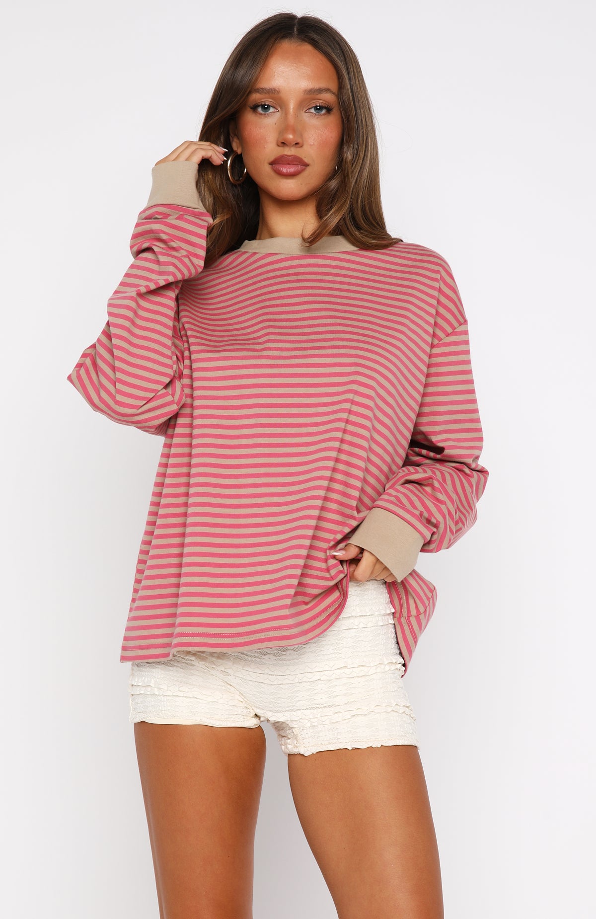 Catch The Drift Long Sleeve Tee Pink/Stone Stripe - Image 3