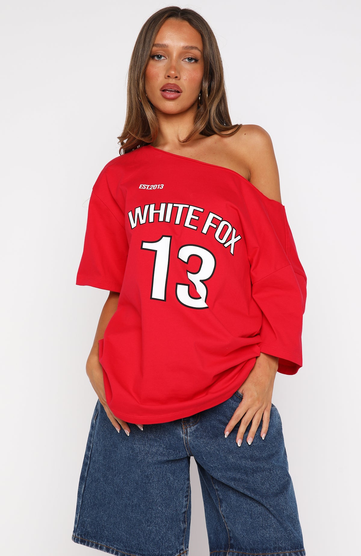 Latest Passion Off Shoulder Oversized Tee Red - Image 2