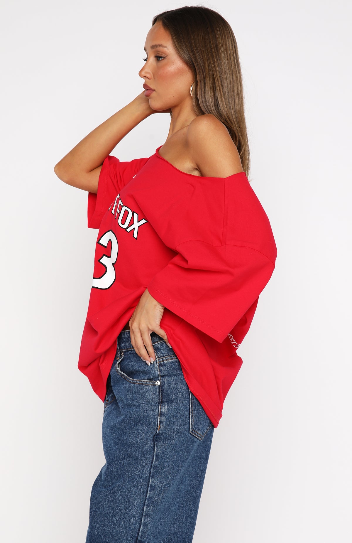 Latest Passion Off Shoulder Oversized Tee Red - Image 3