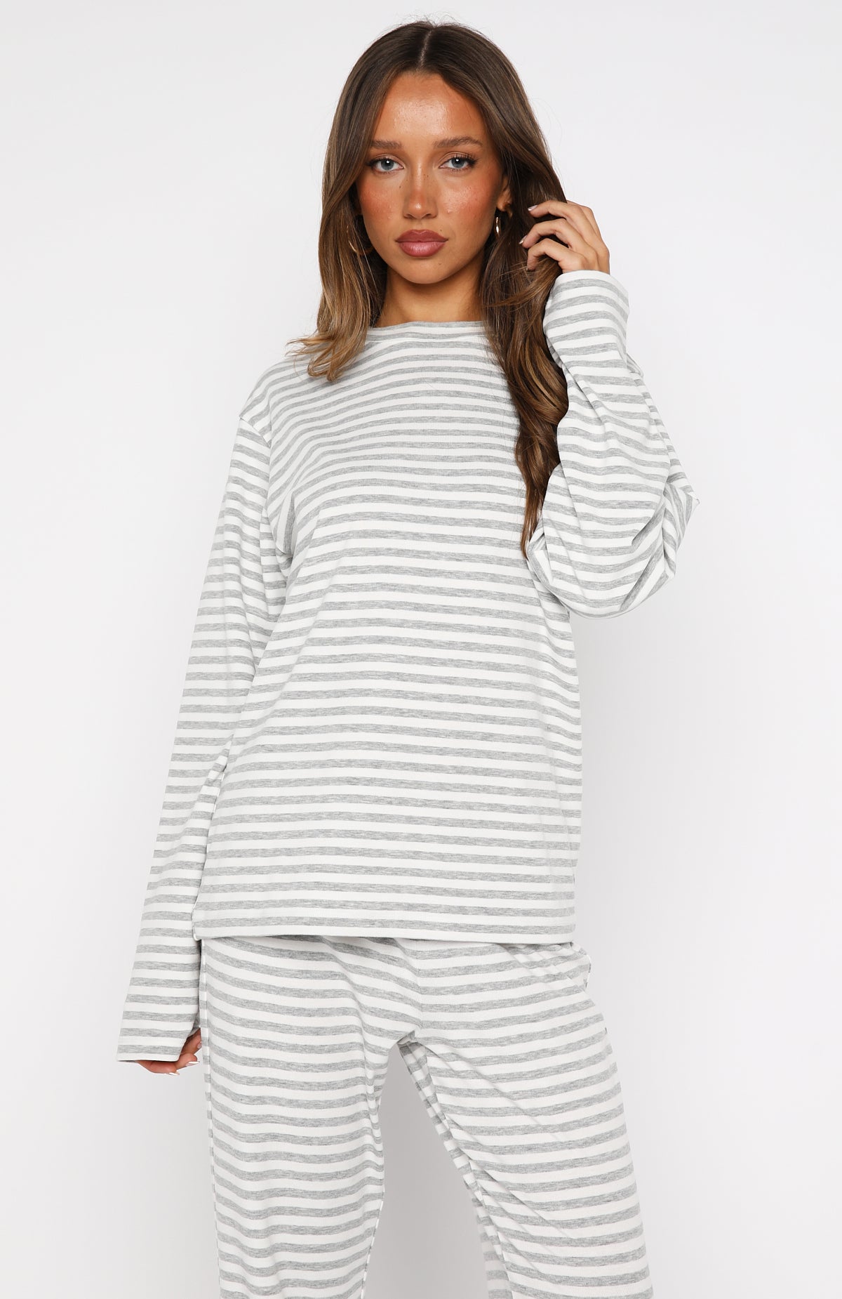 Slow Life Long Sleeve Pyjama Top Grey/White Stripe - Image 2
