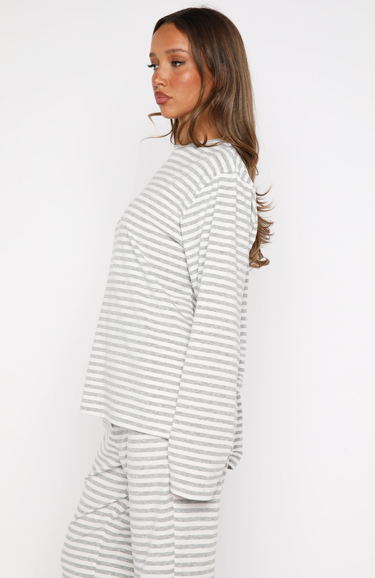 Slow Life Long Sleeve Pyjama Top Grey/White Stripe - Image 3