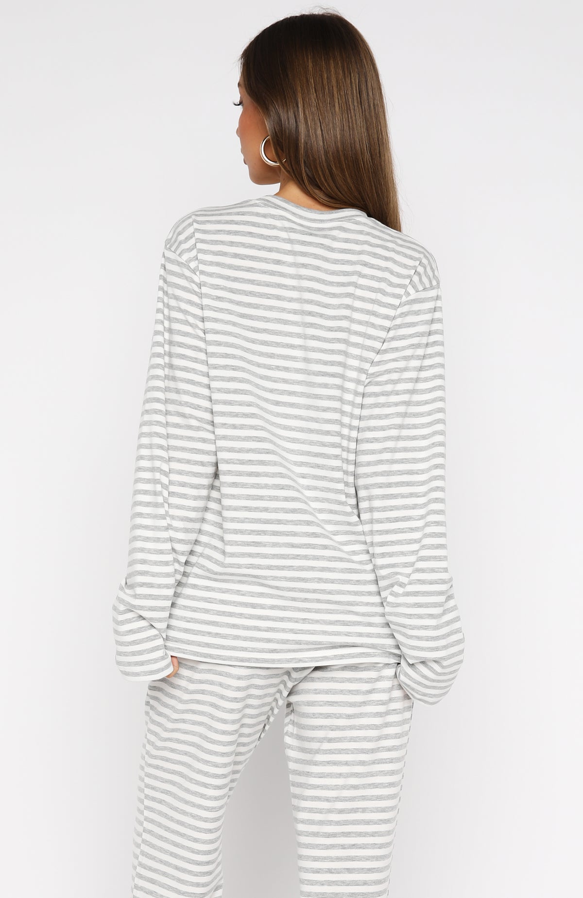 Slow Life Long Sleeve Pyjama Top Grey/White Stripe - Image 4