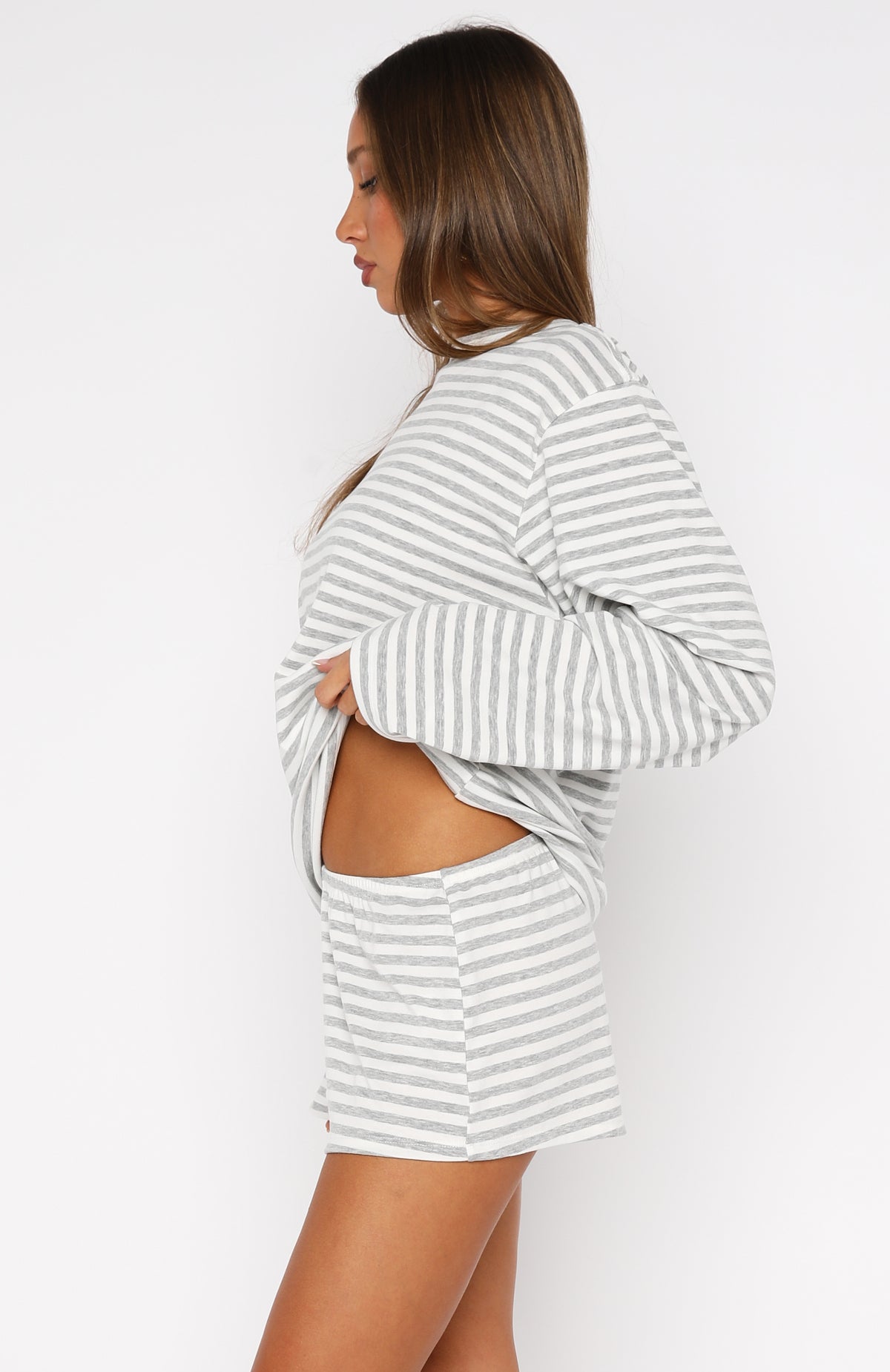 Slow Life Pyjama Shorts Grey/White Stripe - Image 3