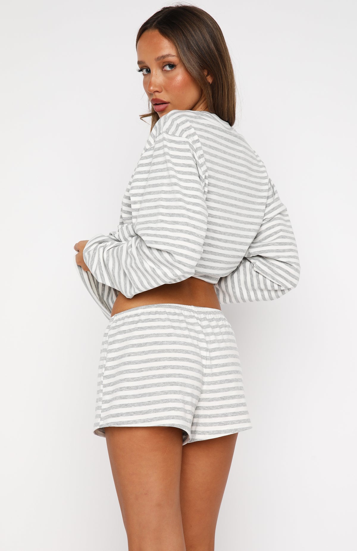 Slow Life Pyjama Shorts Grey/White Stripe - Image 4