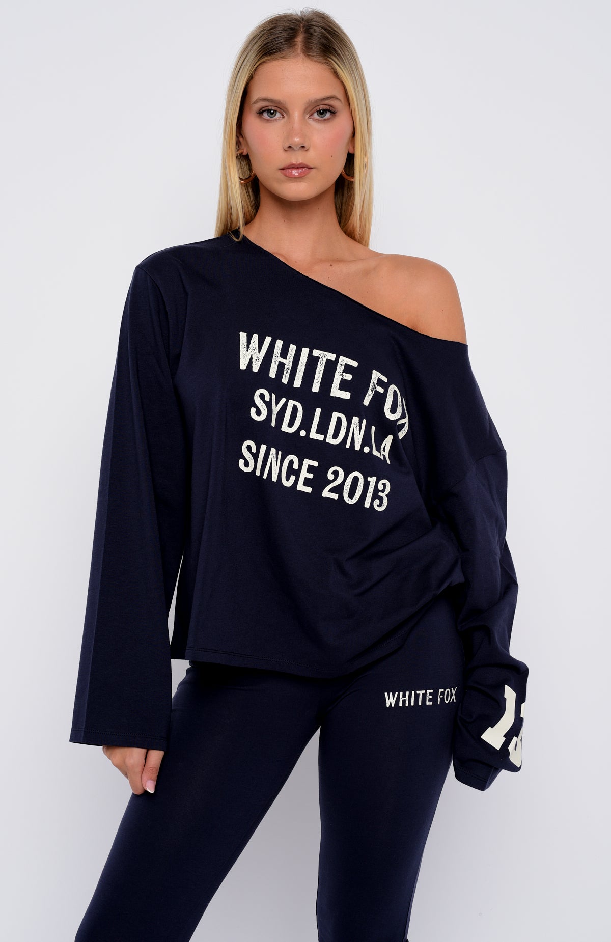 Topic Of Discussion Off Shoulder Oversized Long Sleeve Tee Navy - Image 2