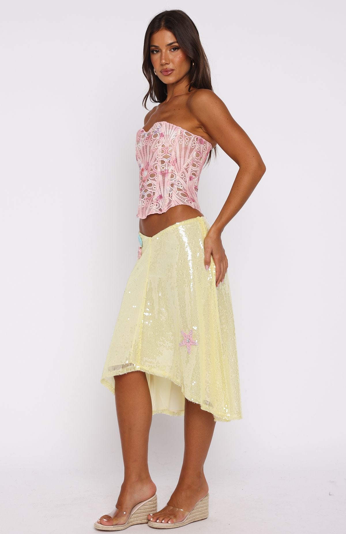 Stay For A While Sequin Midi Skirt Lemon Sorbet - Image 3