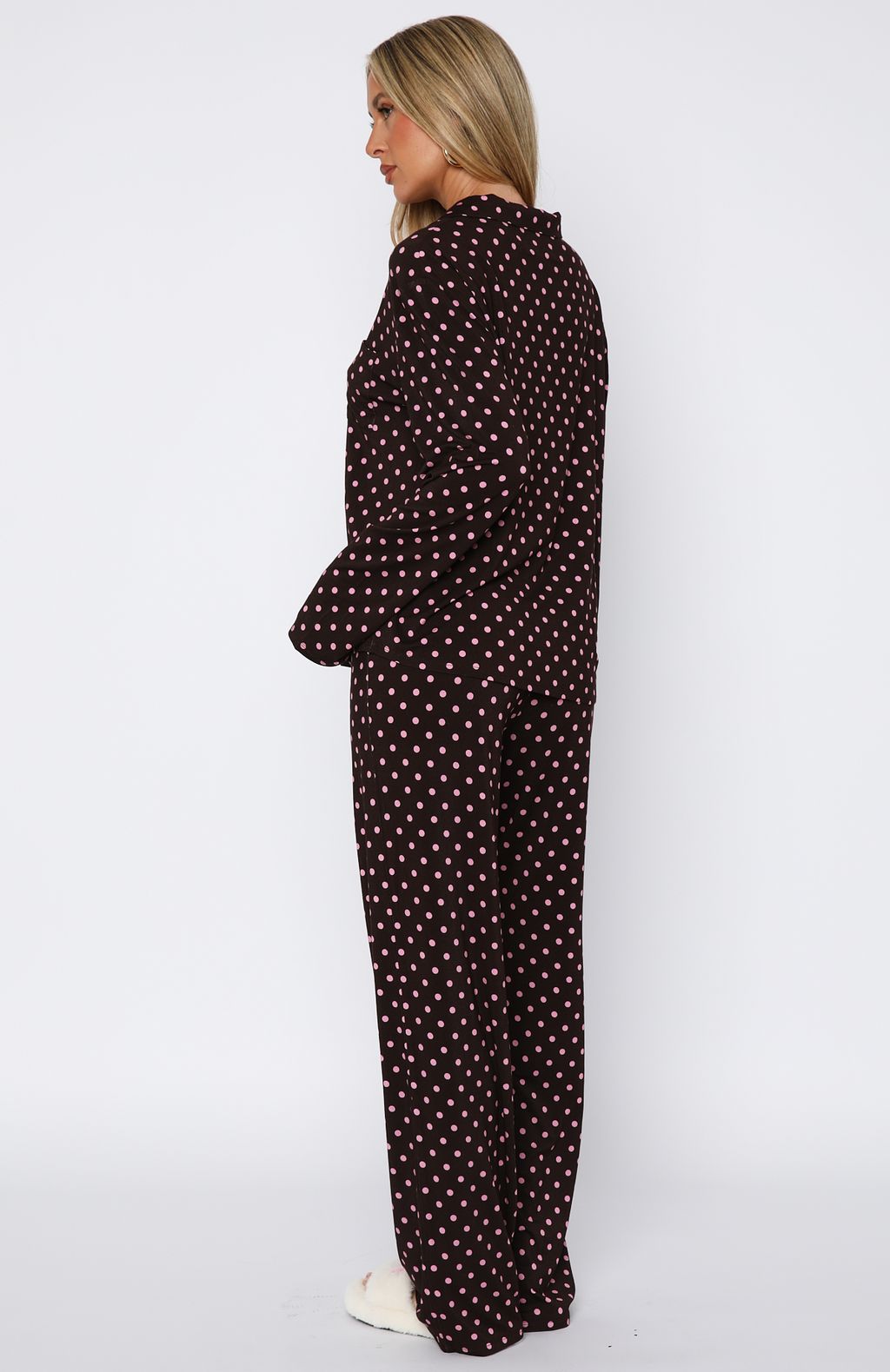 Pillow Talk Printed Long Sleeve Pyjama Set Choc/Pink Polka Dot - Image 4