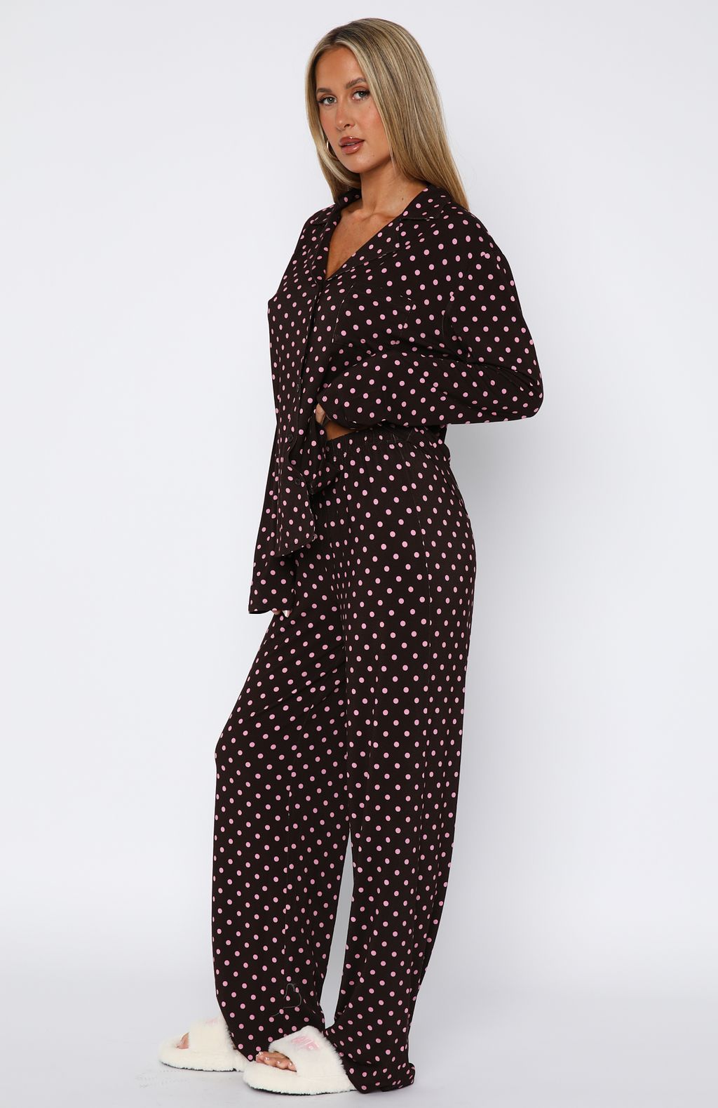 Pillow Talk Printed Long Sleeve Pyjama Set Choc/Pink Polka Dot - Image 3