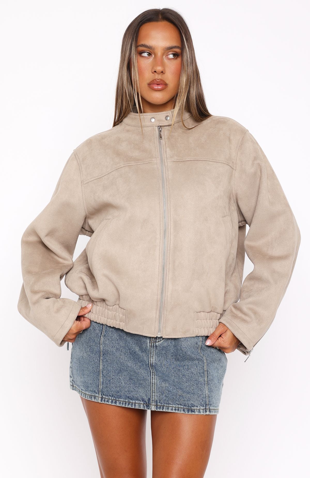 Watchin' Out Faux Suede Bomber Jacket Sand - Image 2