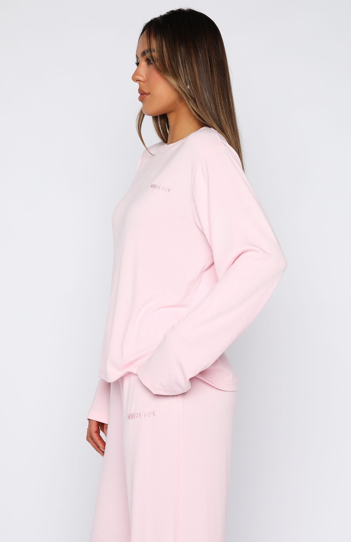 Come A Long Way Soft Lounge Relaxed Long Sleeve Ribbed Tee Pink - Image 3