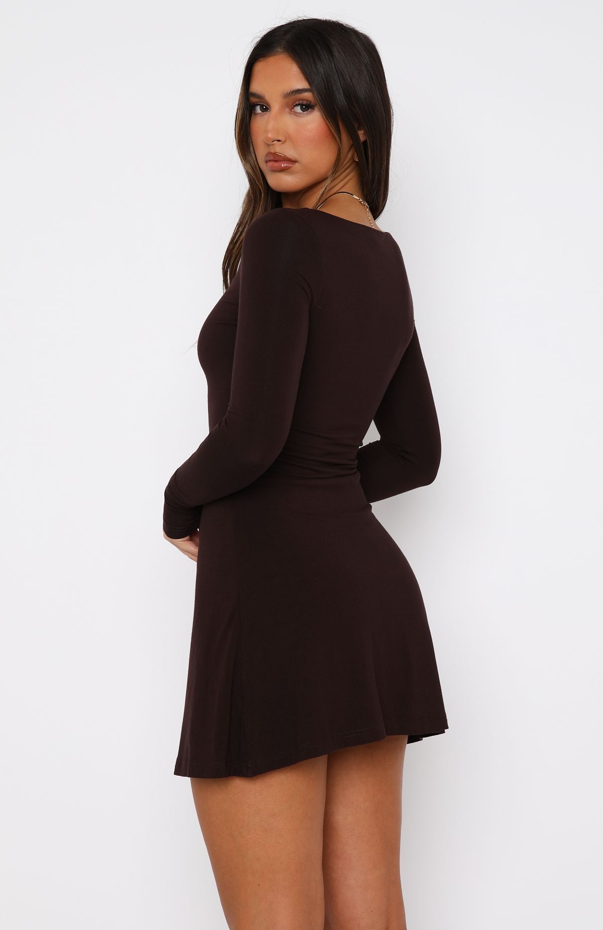 Not The Same Long Sleeve Mini Dress Dark Chocolate - Image 4