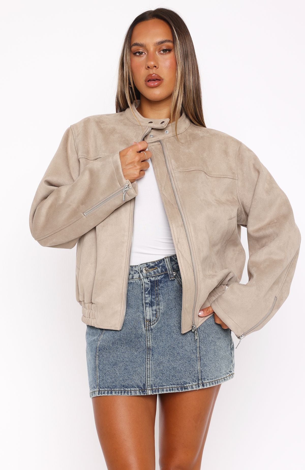 Watchin' Out Faux Suede Bomber Jacket Sand - Image 5