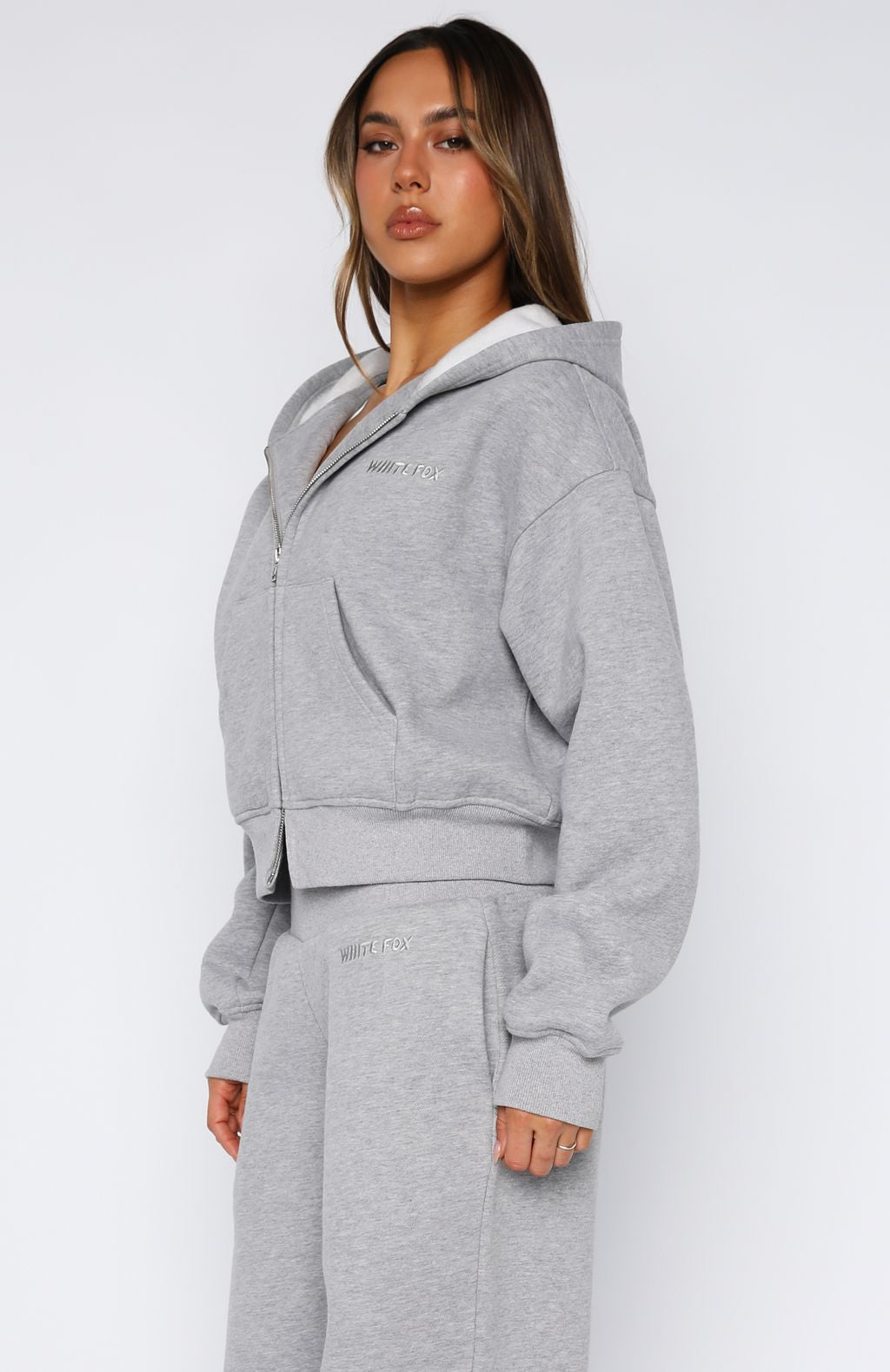 Come A Long Way Boxy Zip Front Hoodie Grey Marle - Image 3