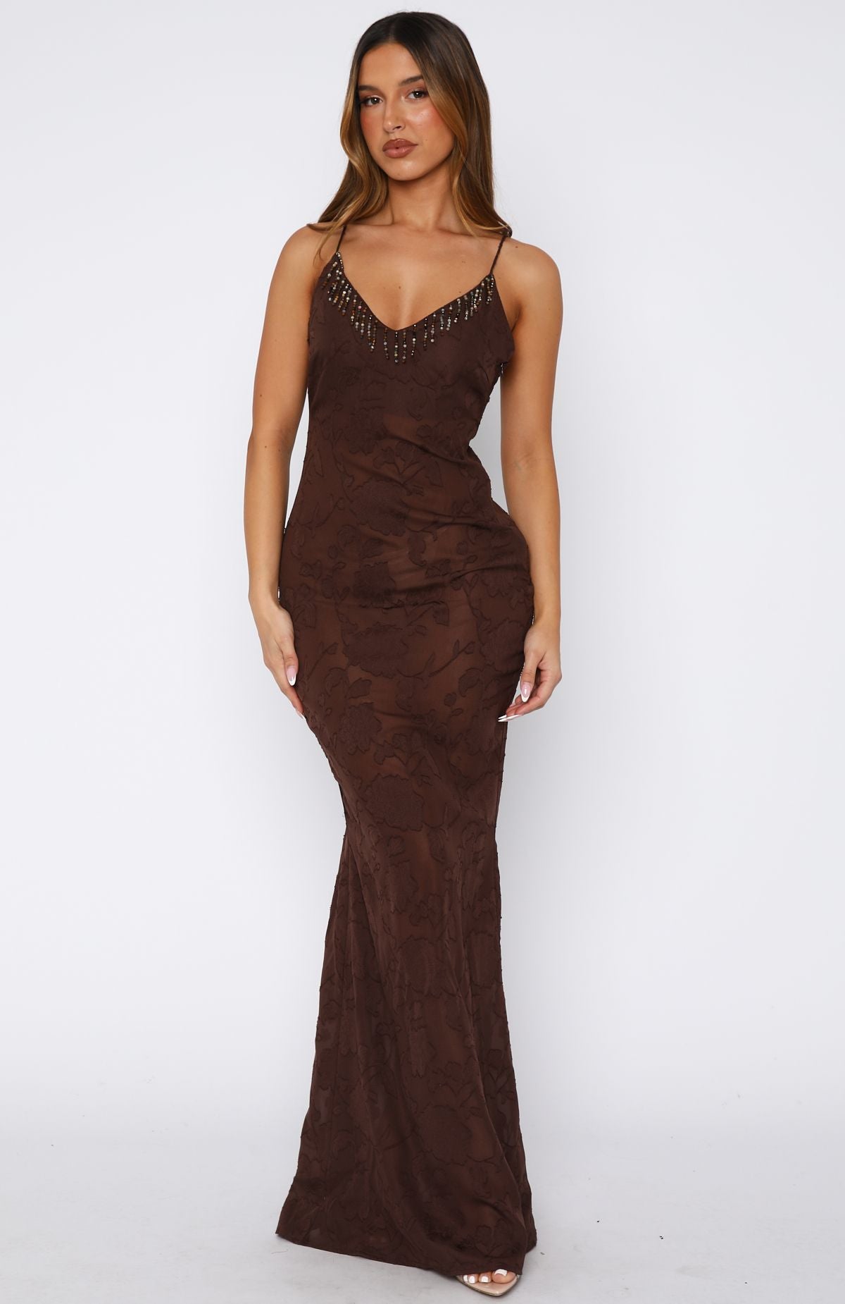 Lust For Life Maxi Embellished Trim Dress Chocolate - Image 3