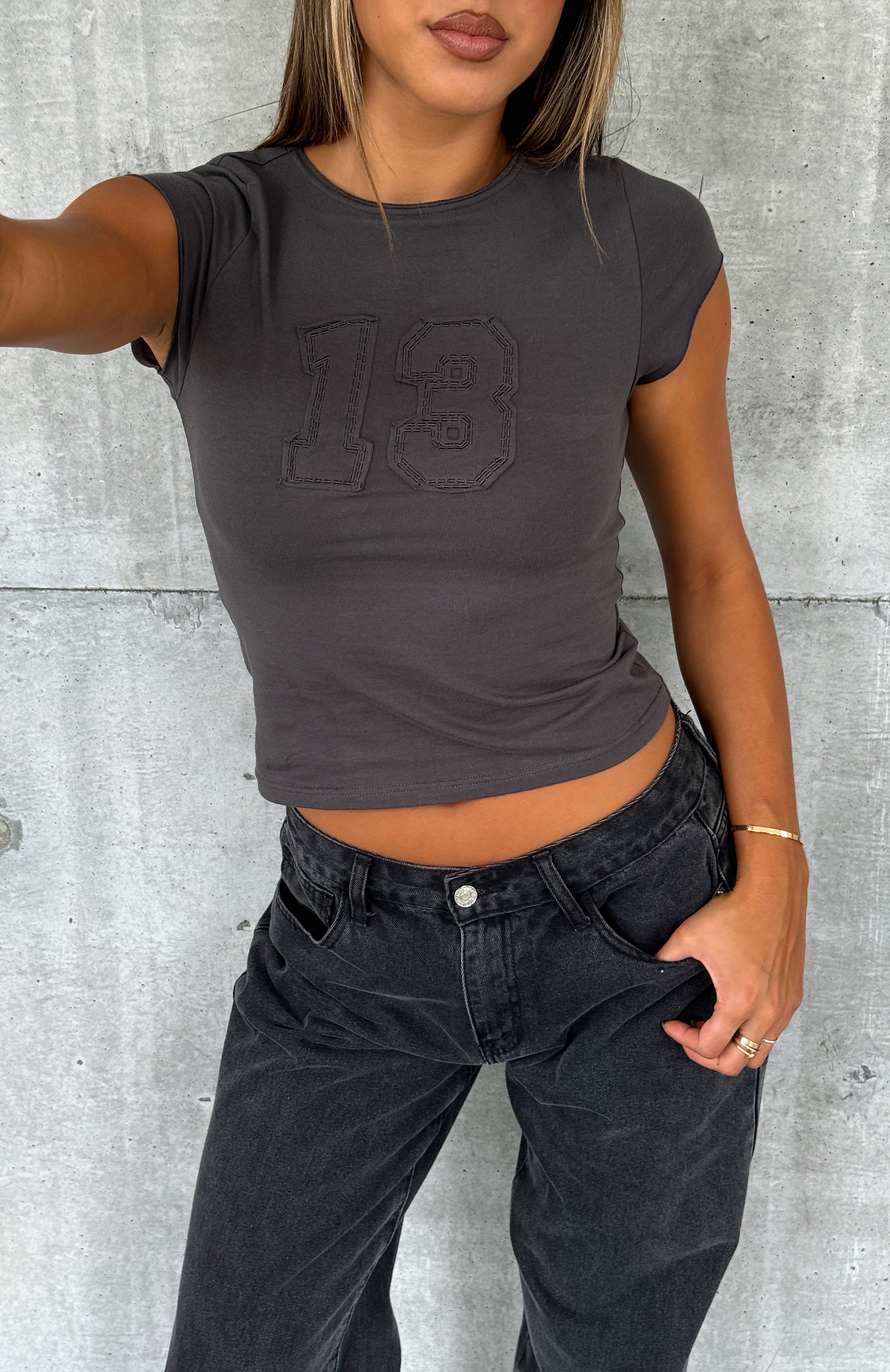 Never Fall Back Baby Tee Charcoal - Image 5