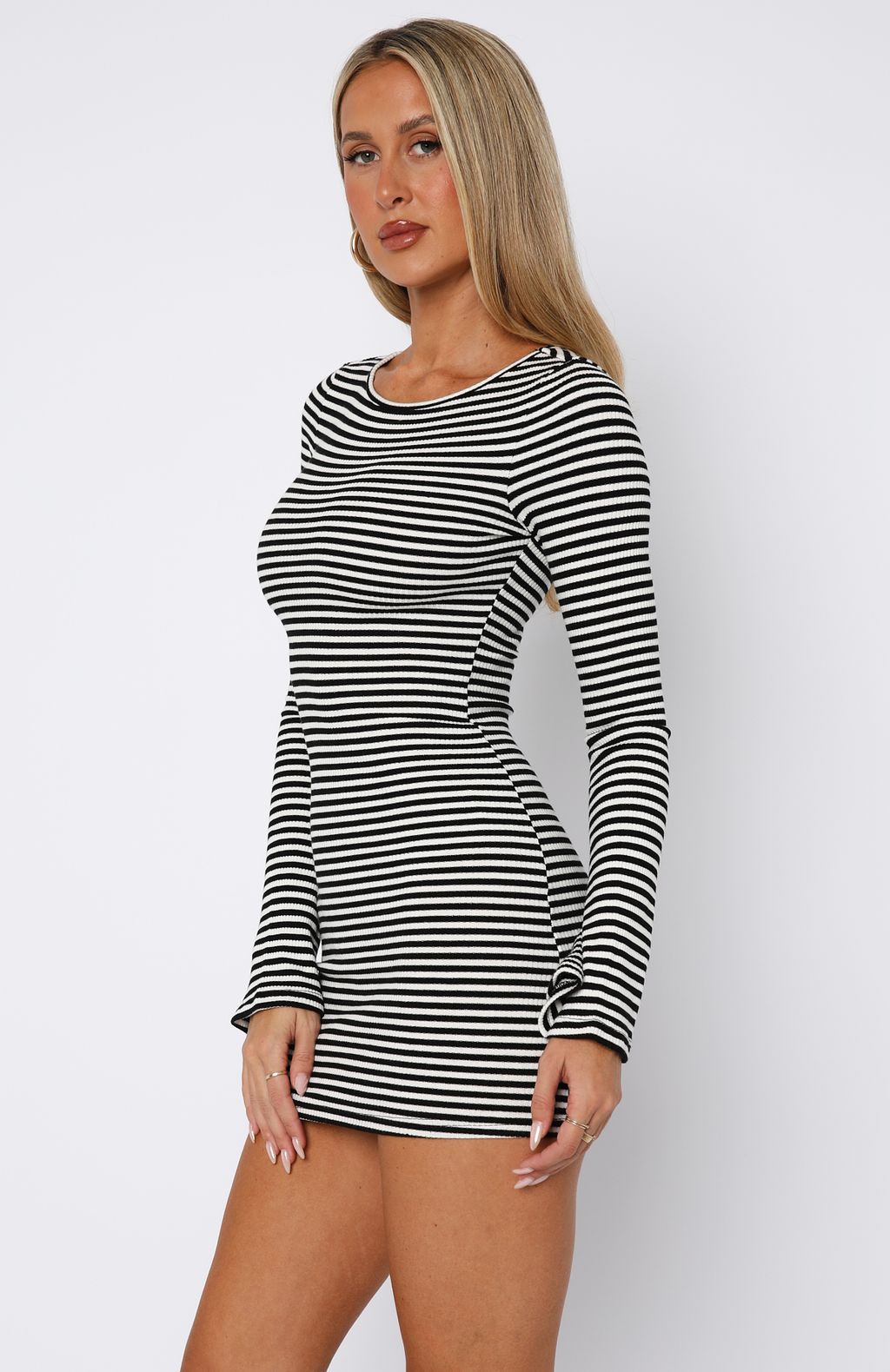 Lost Files Long Sleeve Mini Dress Black/White Stripe - Image 3