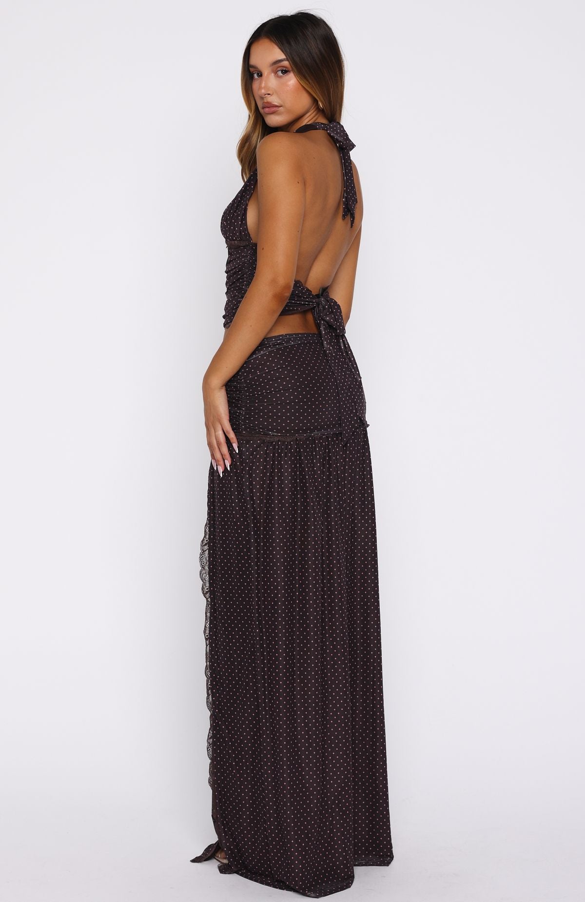 Mad At You Maxi Skirt Choc/Pink Polka Dot - Image 4