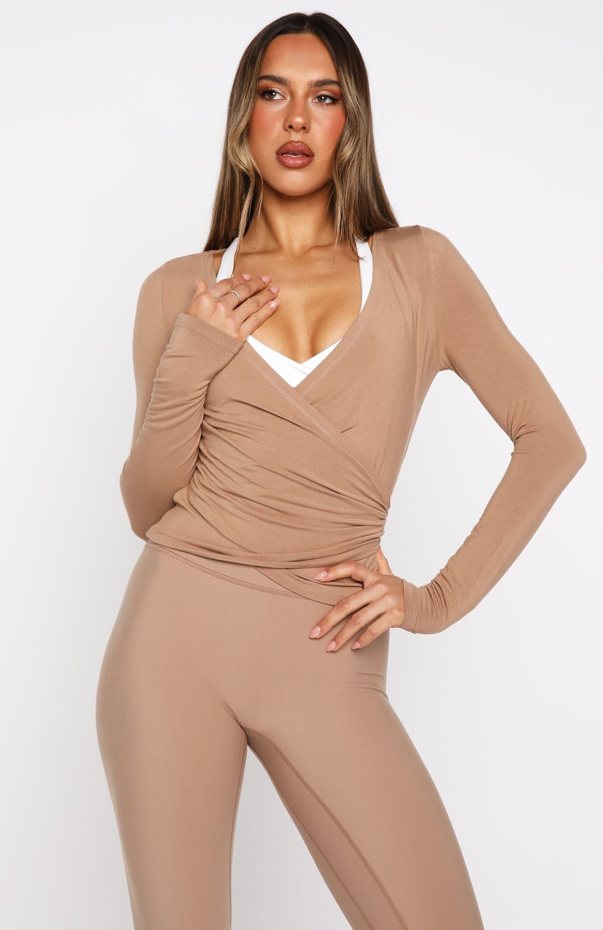 Staying Cute Long Sleeve Wrap Top Caramel - Image 2