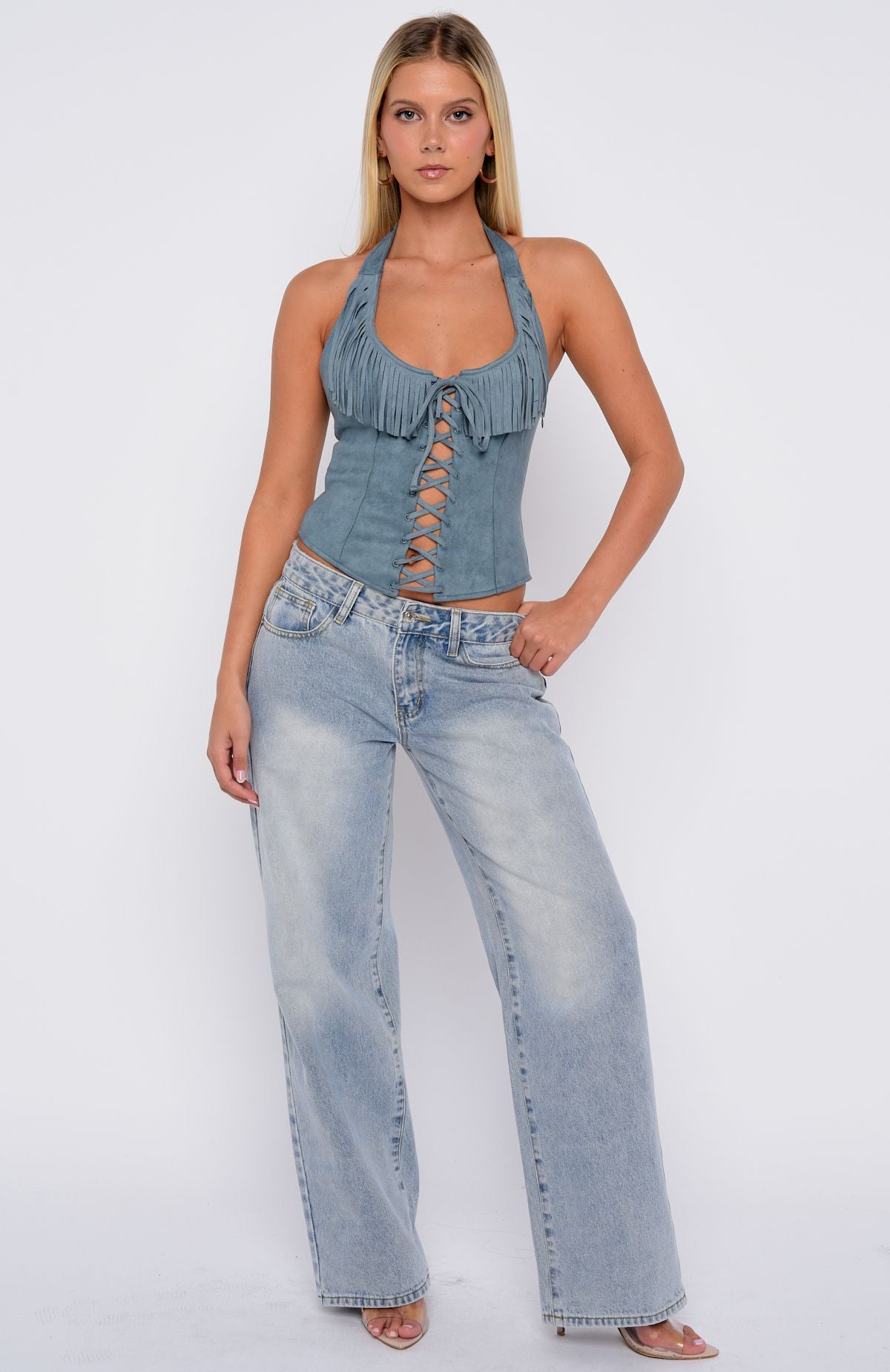 Truth In The Lie Faux Suede Bustier Steel Blue - Image 7